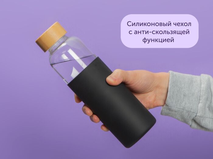 Стеклянная бутылка для воды в силиконовом чехле Refine, прозрачный, черный, натуральный