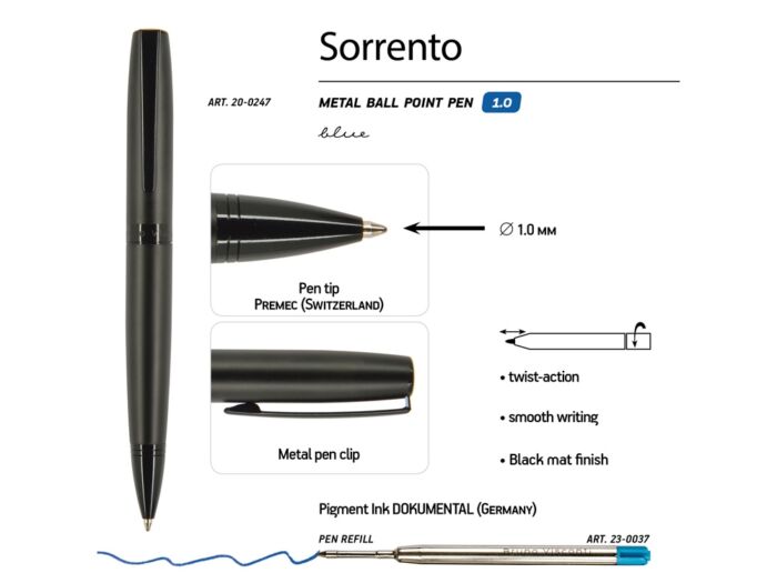 Ручка металлическая шариковая Sorento, 1,0мм, синие чернила, черный