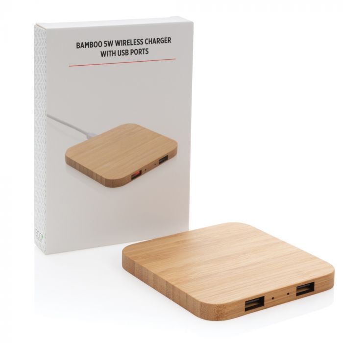 Док-станция для беспроводной зарядки Bamboo с портами USB, 5 Вт, коричневый